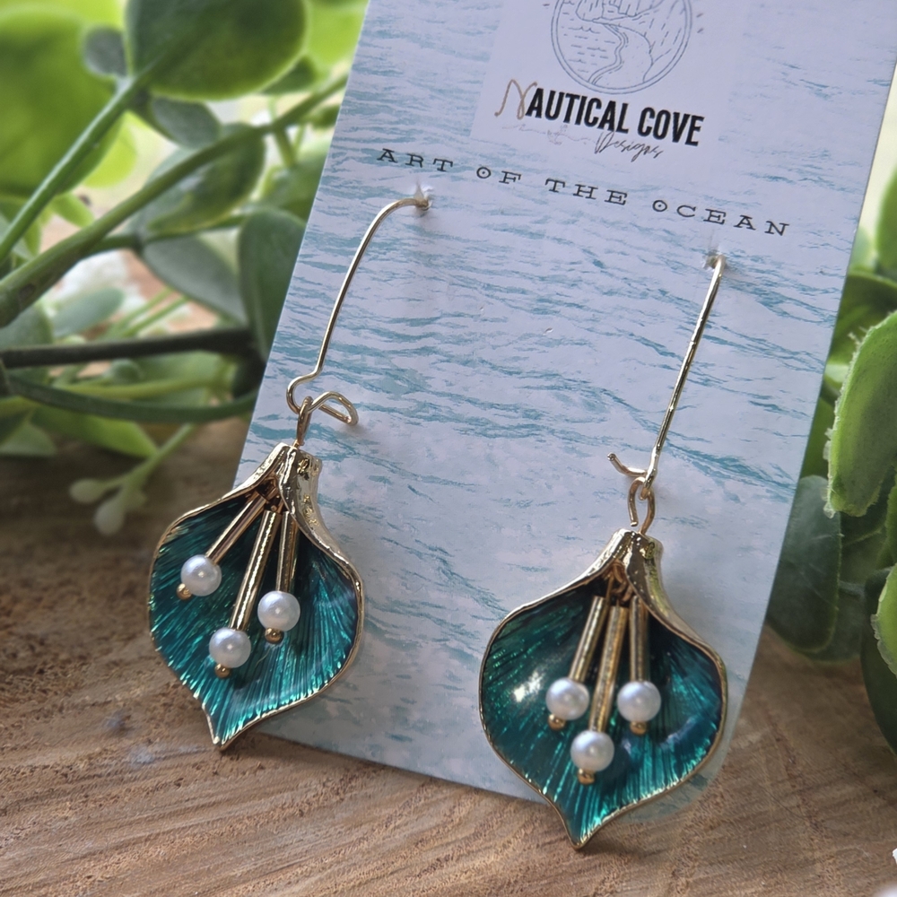 Gold and Teal Leaf Earrings With Pearl Accents